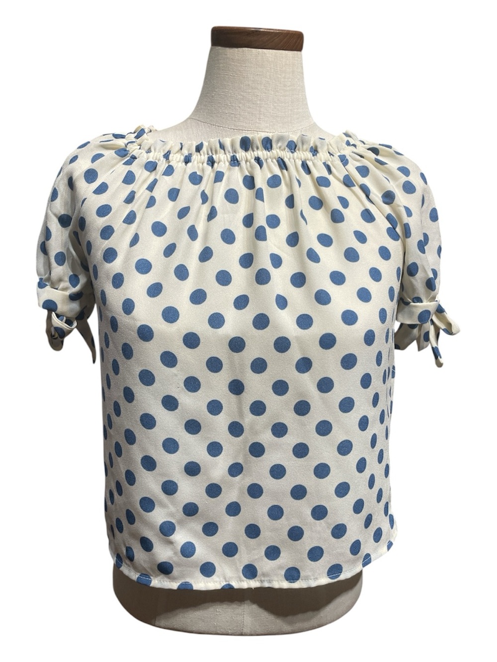 •Blue Polka Dot Tie Sleeve Blouse